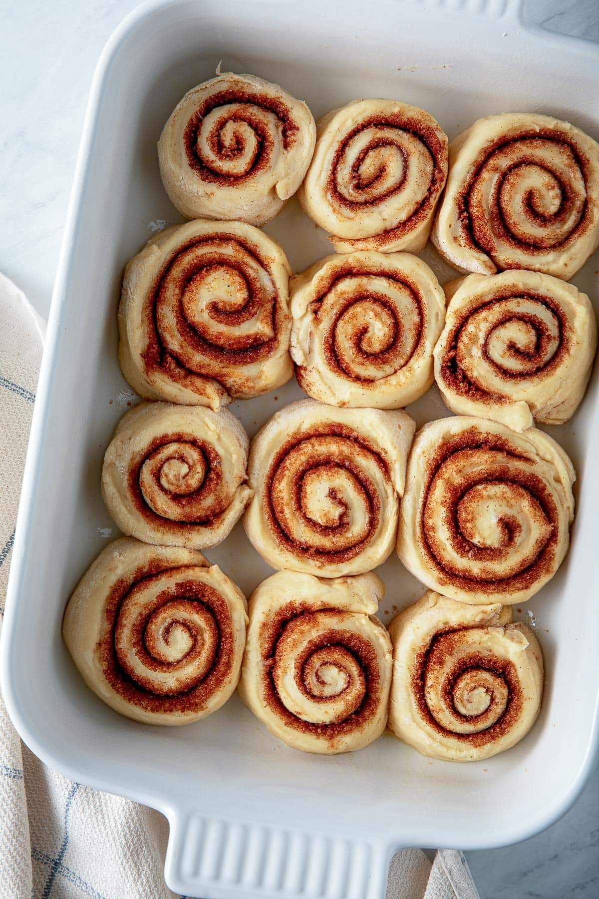 sourdough cinnamon rolls formed and placed in baking dish before baking. 