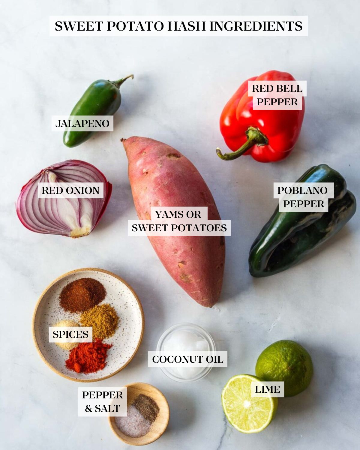 ingredients for sweet potato hash - jalapeno, red bell pepper, red onion, sweet potato, poblano, lime halves, small dish of coconut oil, salt and pepper, and spices.