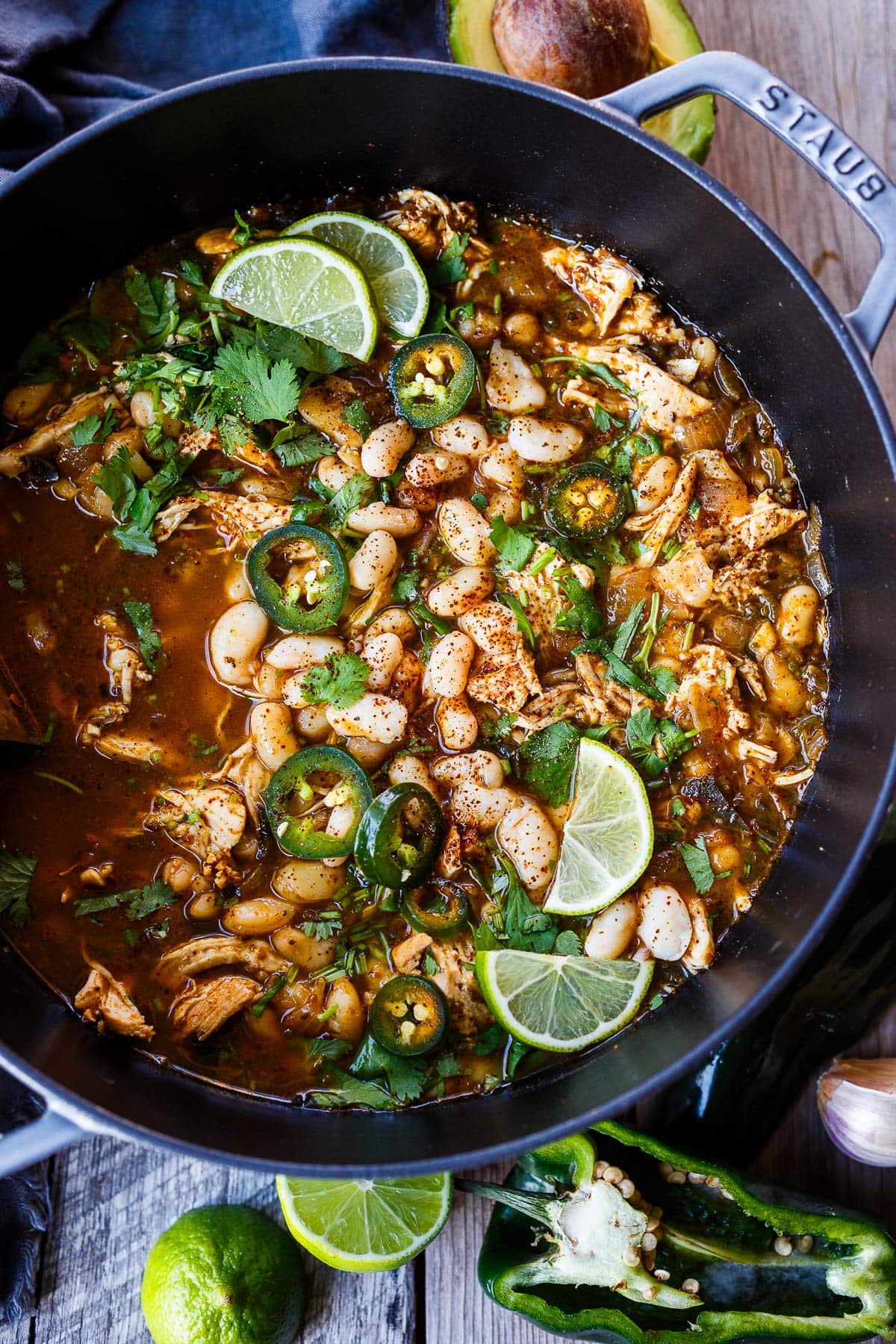 The finished white chicken chili recipe in a Dutch oven. 