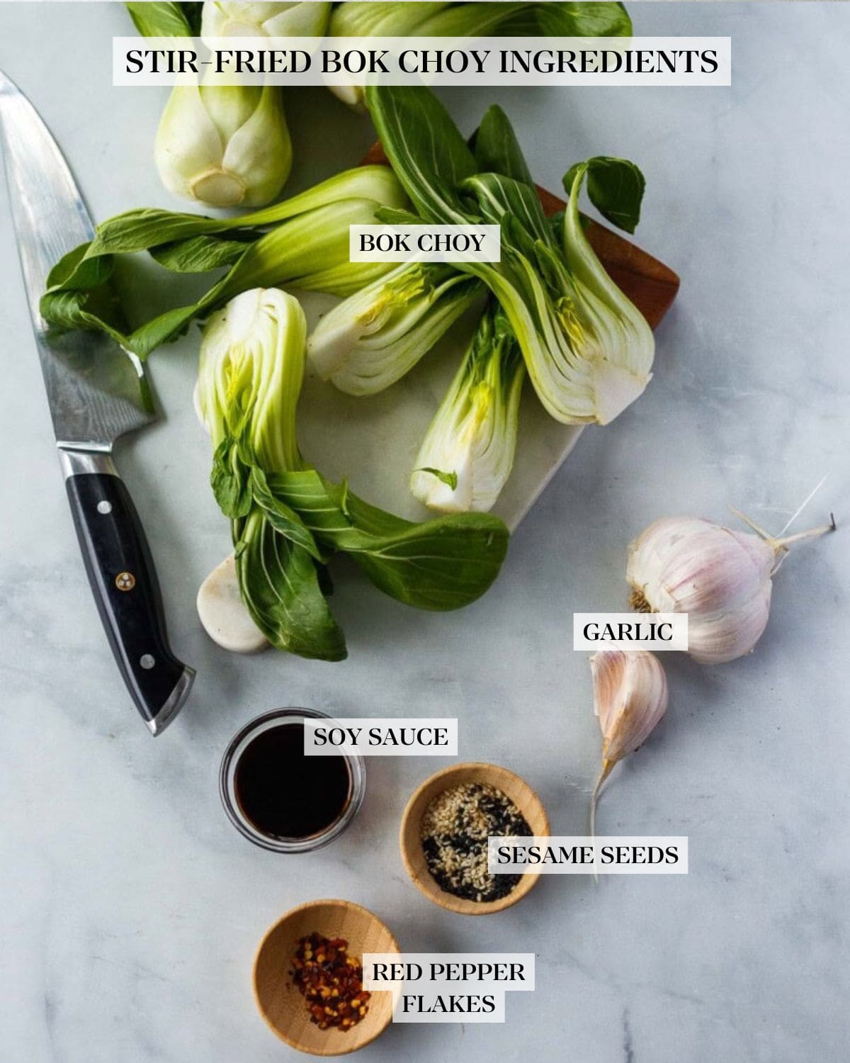 Baby Bok choy recipe ingredients- galic, soy sauce, sesame seeds and oil.