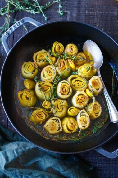 These tender braised leeks are a delicious, easy, flavorful vegetable side that just melts in your mouth. Made with simple ingredients, they are vegan and gluten-free.