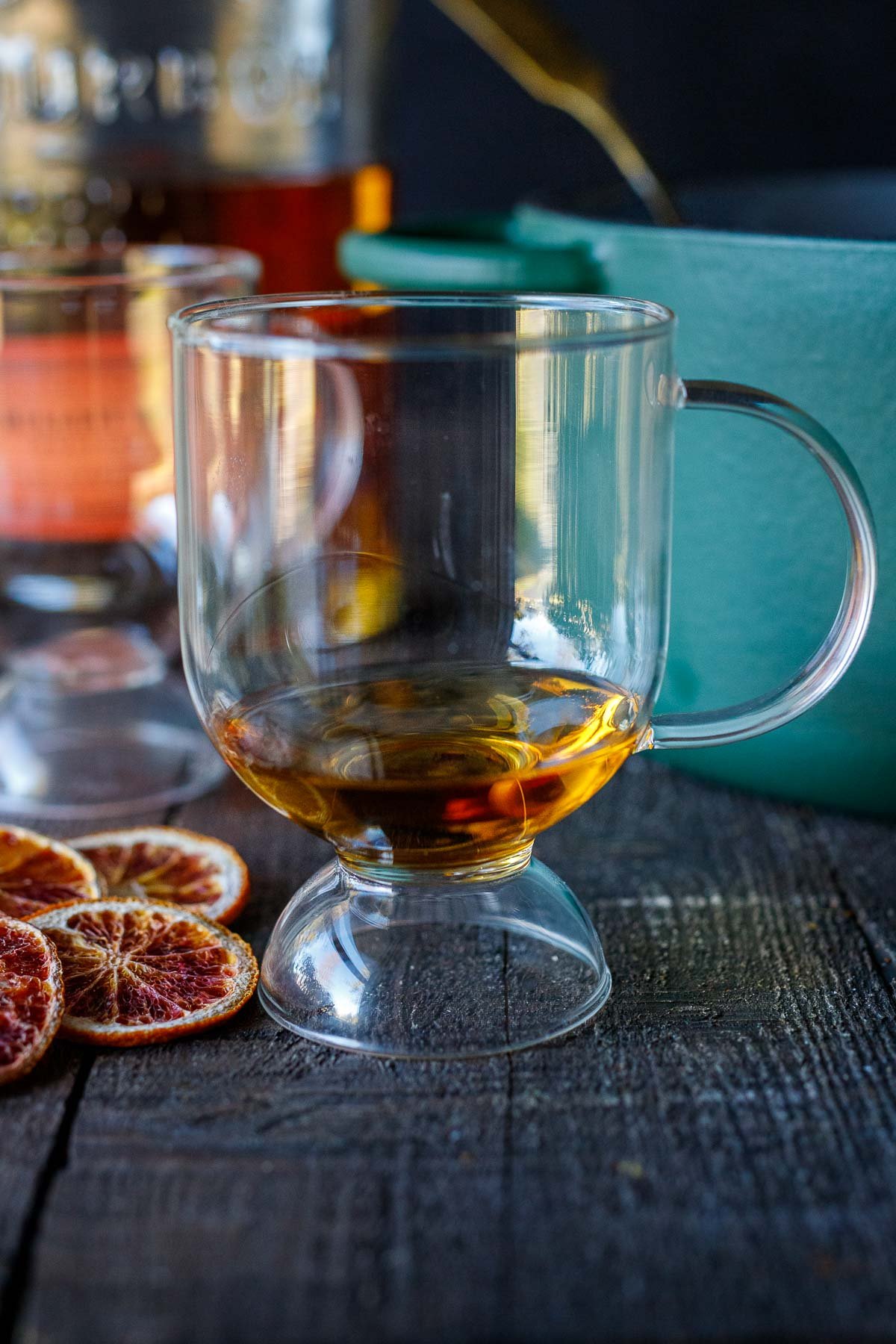 glass mug with a shot of bourbon.