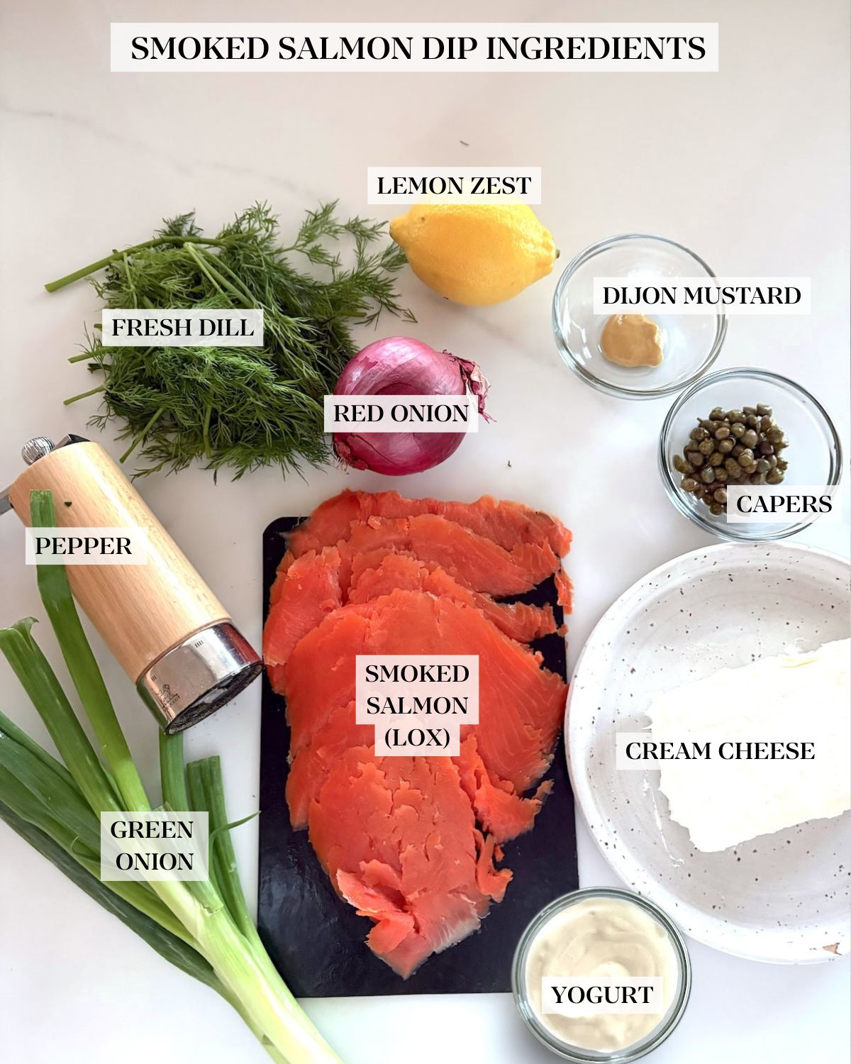 Ingredients in smoked salmon dip recipe.