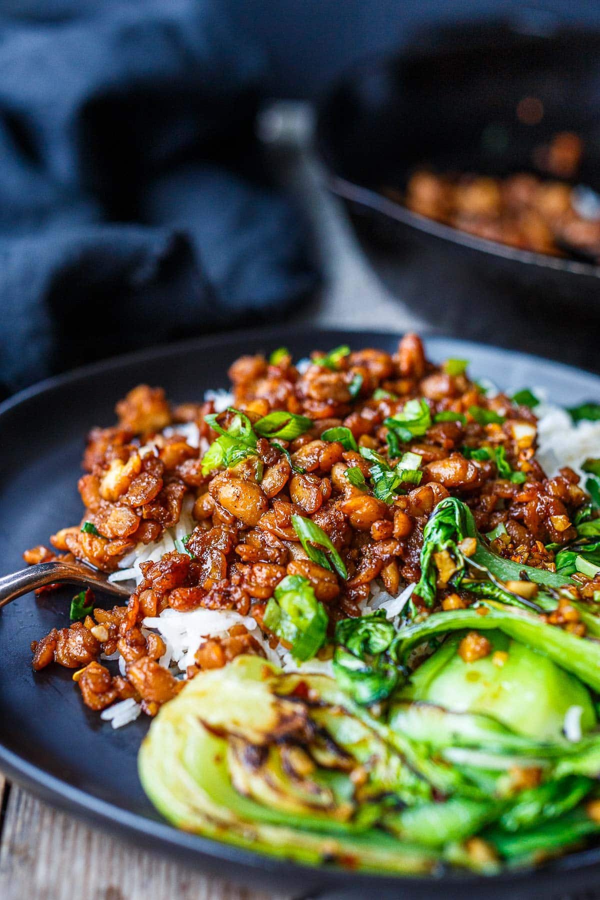 plate of sticky tempe with bok choy and green onions. 