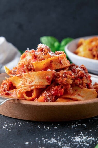 pasta bolognese in a bowl.