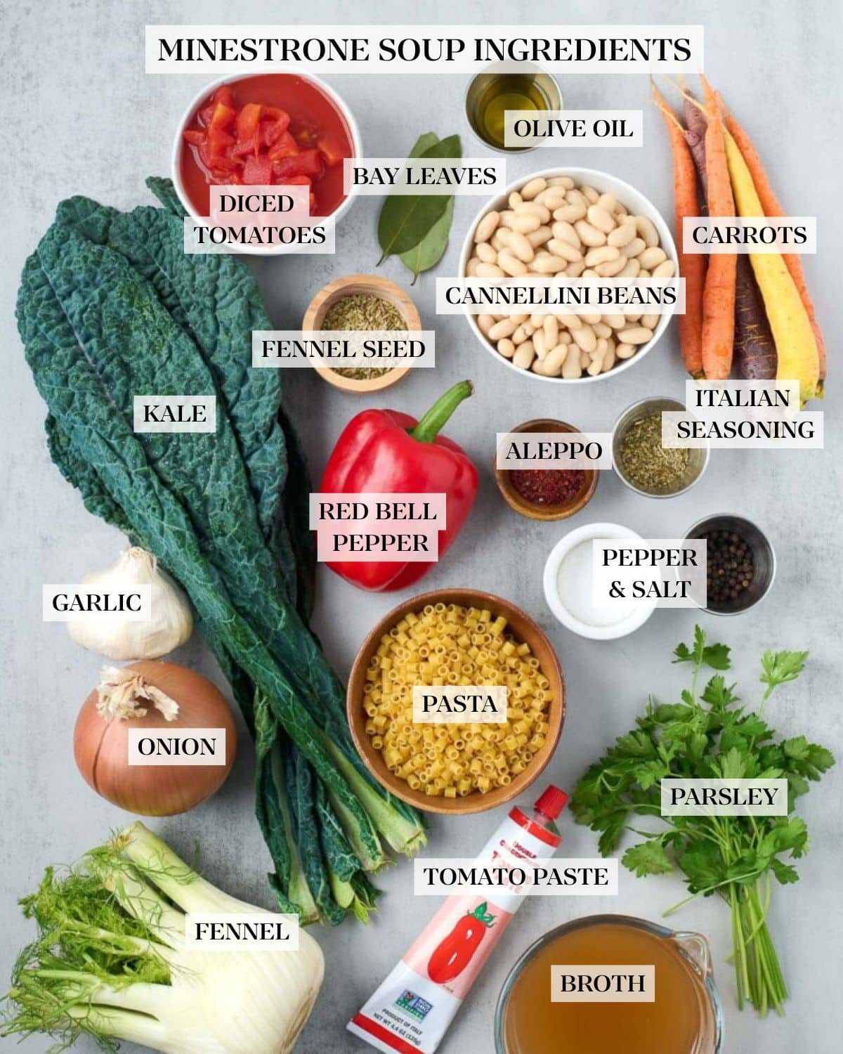 ingredients neatly arranged for minestrone soup - diced tomatoes, bay leaves, oil, fennel seeds, white beans, carrots, kale, red bell pepper, chili flakes, Italian seasoning, salt and pepper, ditalini pasta, garlic, onion, fennel bulb, tomato paste, parsley, and vegetable broth.