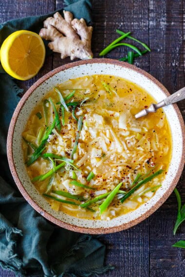 A soothing Cabbage Rice Soup with lemon and ginger - light, nourishing, and thoughtfully balanced. Finish with chili crisp if you like heat. Make a batch for the week ahead, and you'll have a healthy vegan meal at the ready.