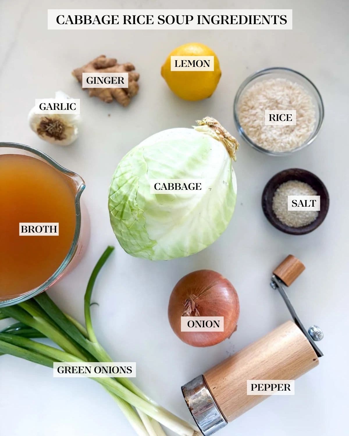 ingredients for cabbage rice soup - lemon, ginger, garlic, rice, cabbage, salt, pepper shaker, onion, broth, green onions. 