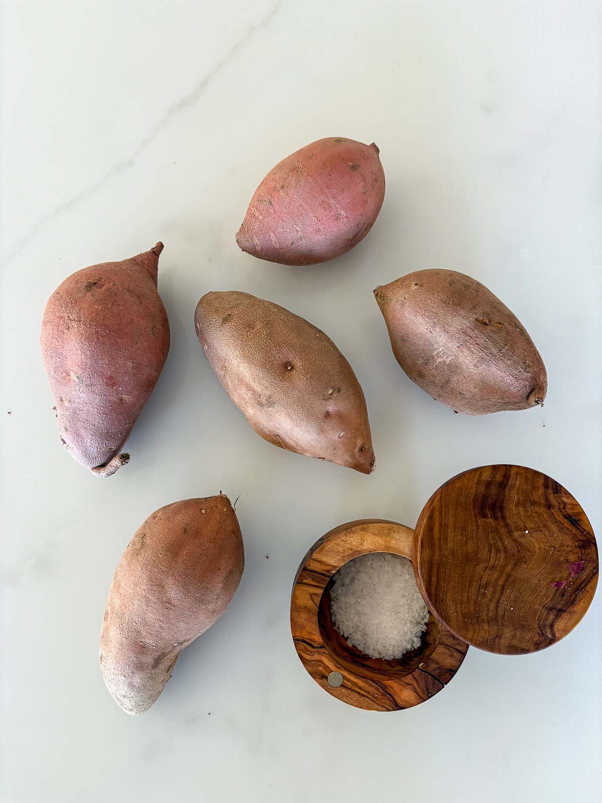 five sweet potatoes and wood salt dish with Celtic sea salt. 