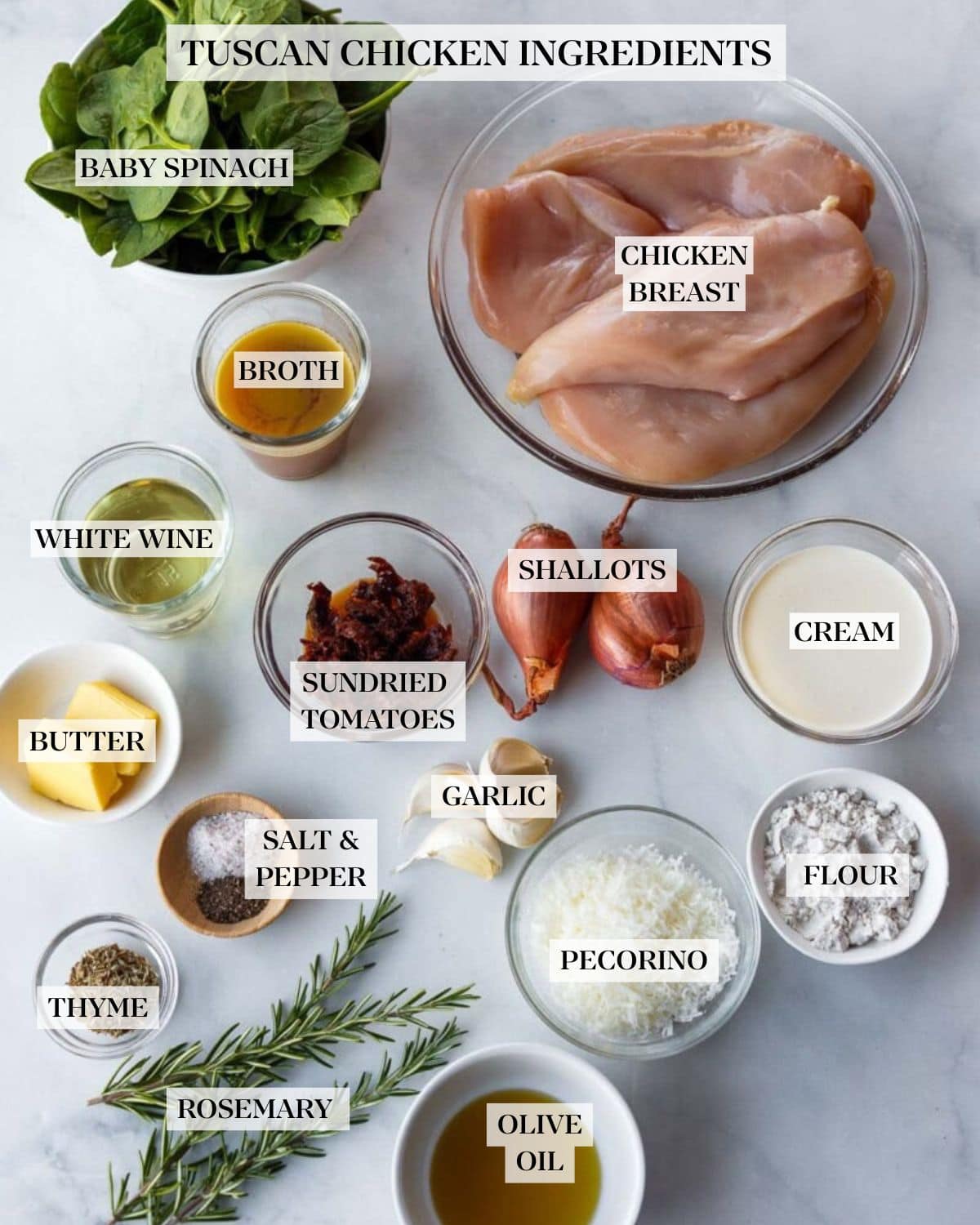 ingredients for creamy Tuscan chicken - bowl of spinach, bowl of chicken breasts, jar of broth, glass of wine, bowl of butter, sun-dried tomatoes, heavy cream, flour, pecorino, salt and pepper, dried herbs, and oil, shallots, garlic cloves, and fresh rosemary sprigs. 