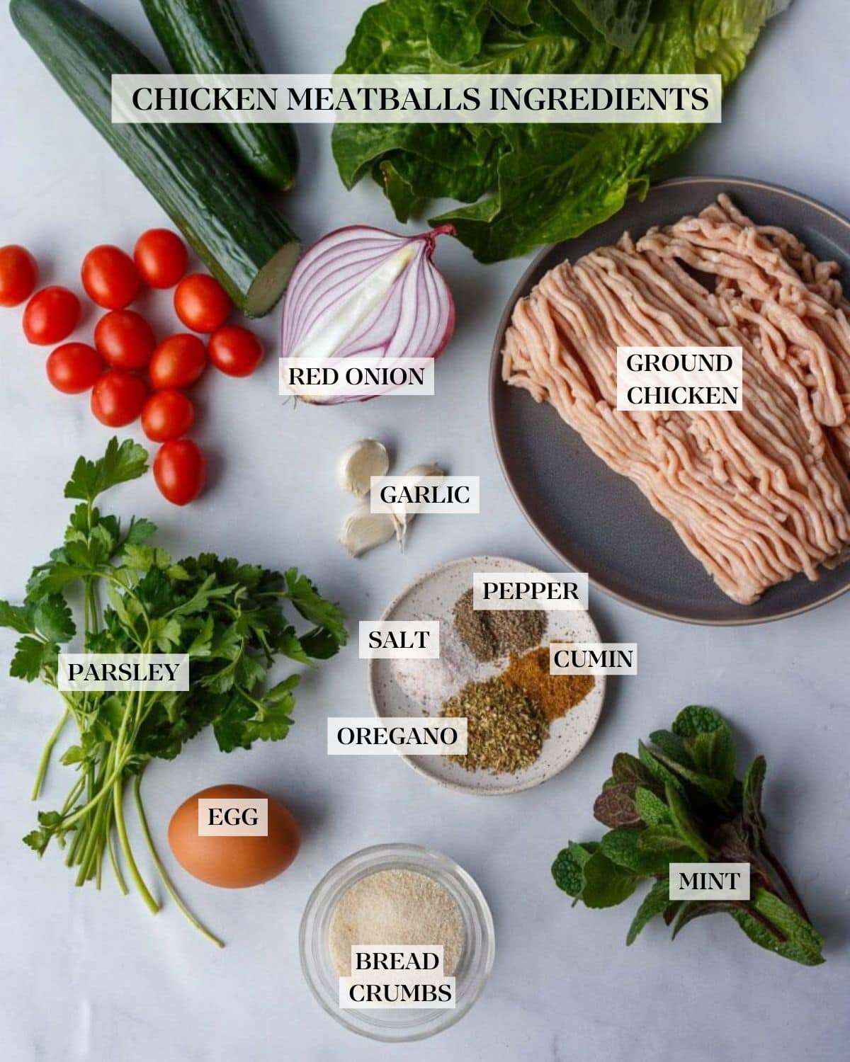 chicken meatballs ingredients labeled and arranged - cucumber, romaine, cherry tomatoes, red onion, garlic, plate of ground chicken, fresh parsley, plate of salt, pepper, oregano, and cumin, egg, breadcrumbs, and fresh mint.