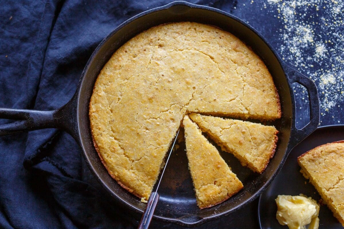 finished cornbread in a skillet. 