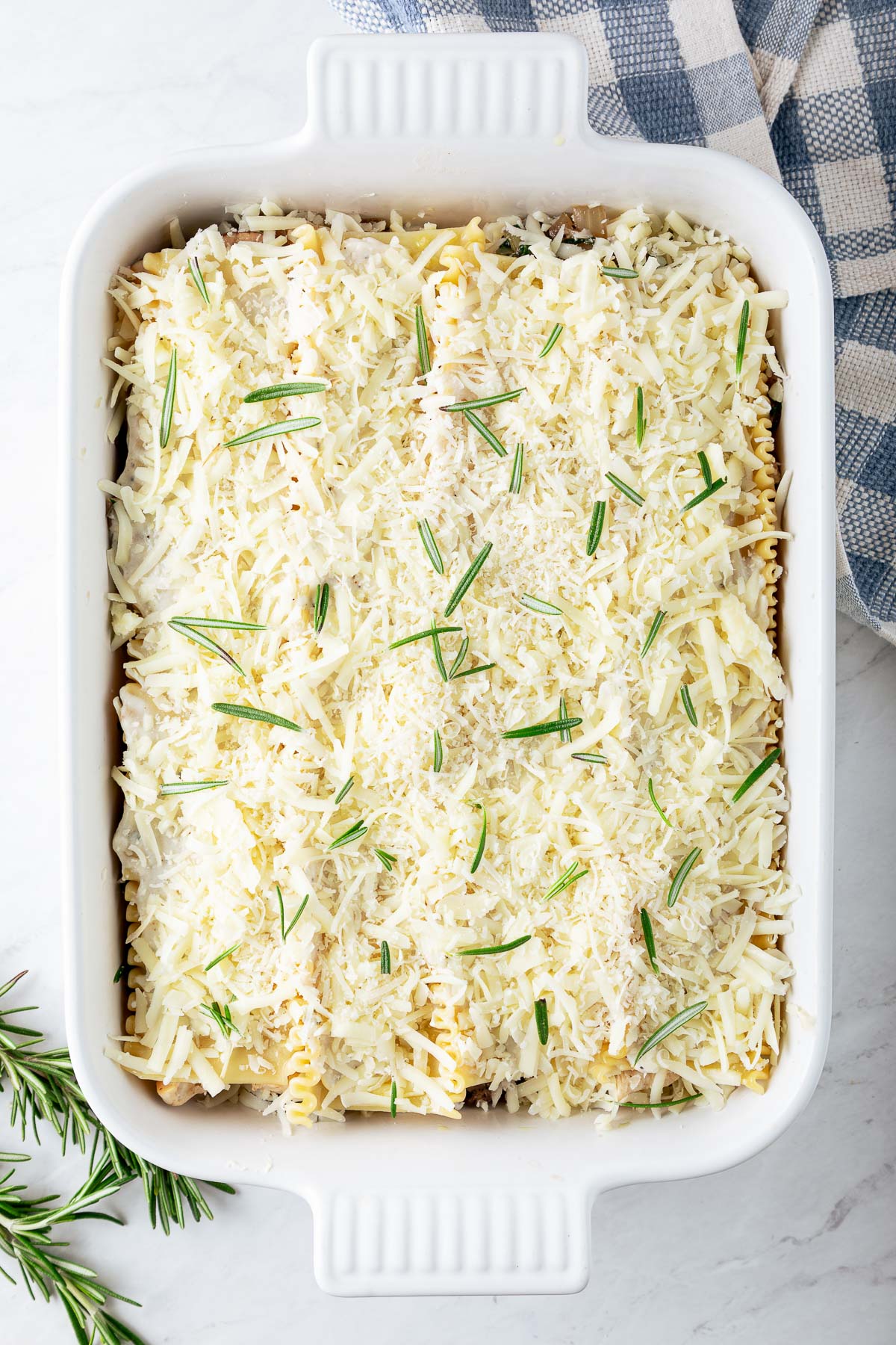 The assembled lasagna, ready to bake.