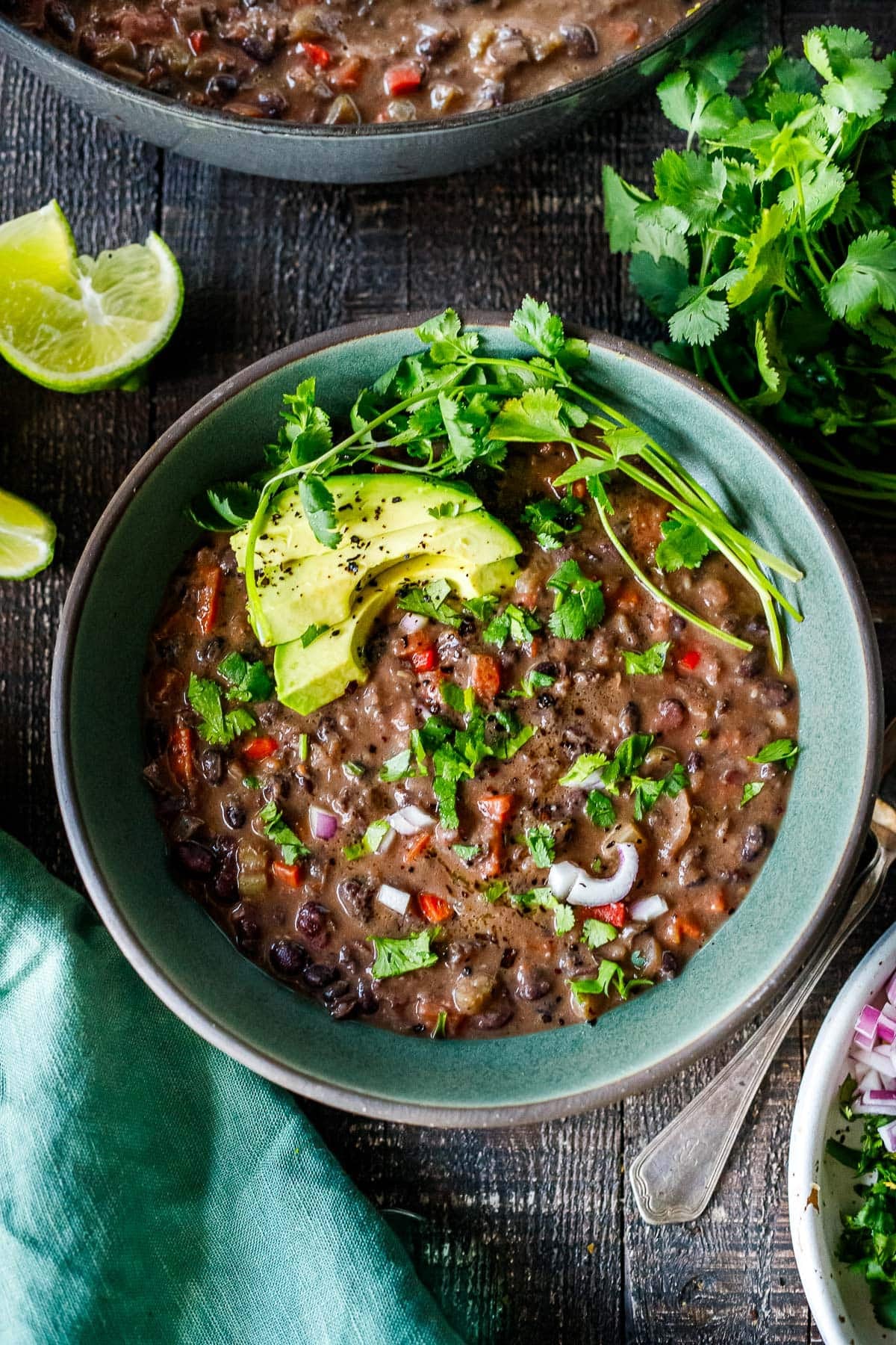 bowl of black bean soup with sliced avocado and fresh cilantro and diced red onion.