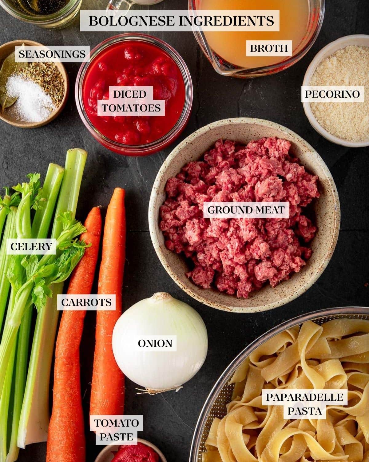 ingredients for bolognese neatly arranged and labeled - seasonings, diced tomatoes, broth, pecorino, celery, carrots, ground meat, onion, paparadelle pasta, and tomato paste. 
