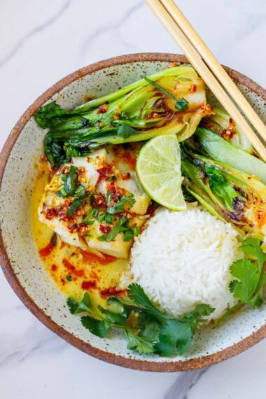 A quick and flavorful cod recipe made in one pan with coconut milk, lemongrass, and seared baby bok choy - an easy, healthy dinner ready in 30 minutes.