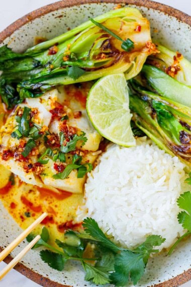 A quick and flavorful cod recipe made in one pan with coconut milk, lemongrass, and seared baby bok choy — an easy, healthy dinner ready in 30 minutes.