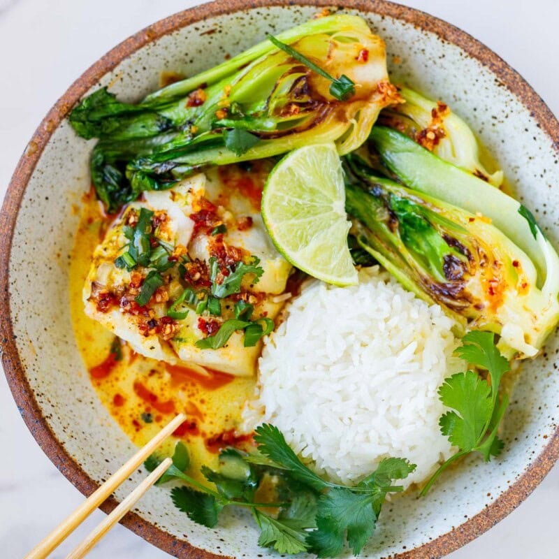 A quick and flavorful cod recipe made in one pan with coconut milk, lemongrass, and seared baby bok choy - an easy, healthy dinner ready in 30 minutes.