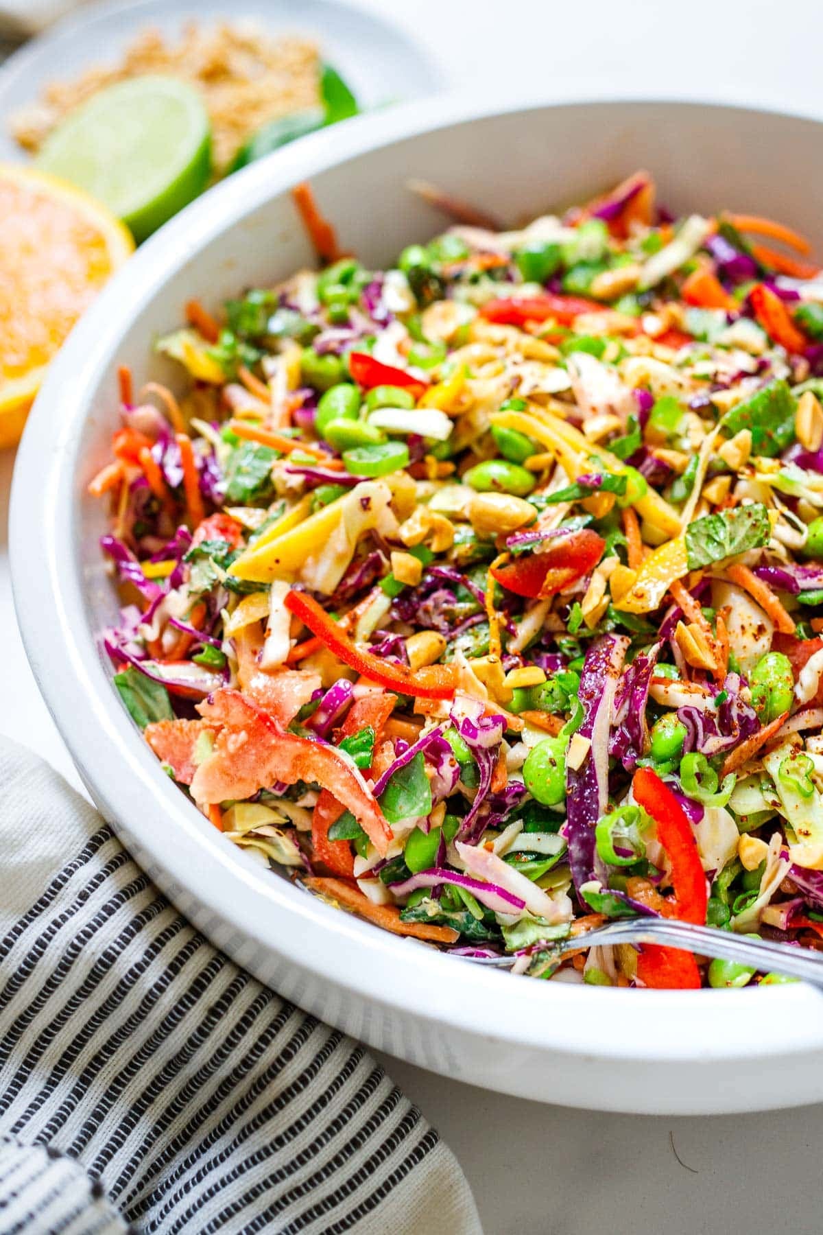 mixing bowl with Thai salad with peppers, edamame, cabbage, green onions, peanuts, herbs, and peanut dressing. 