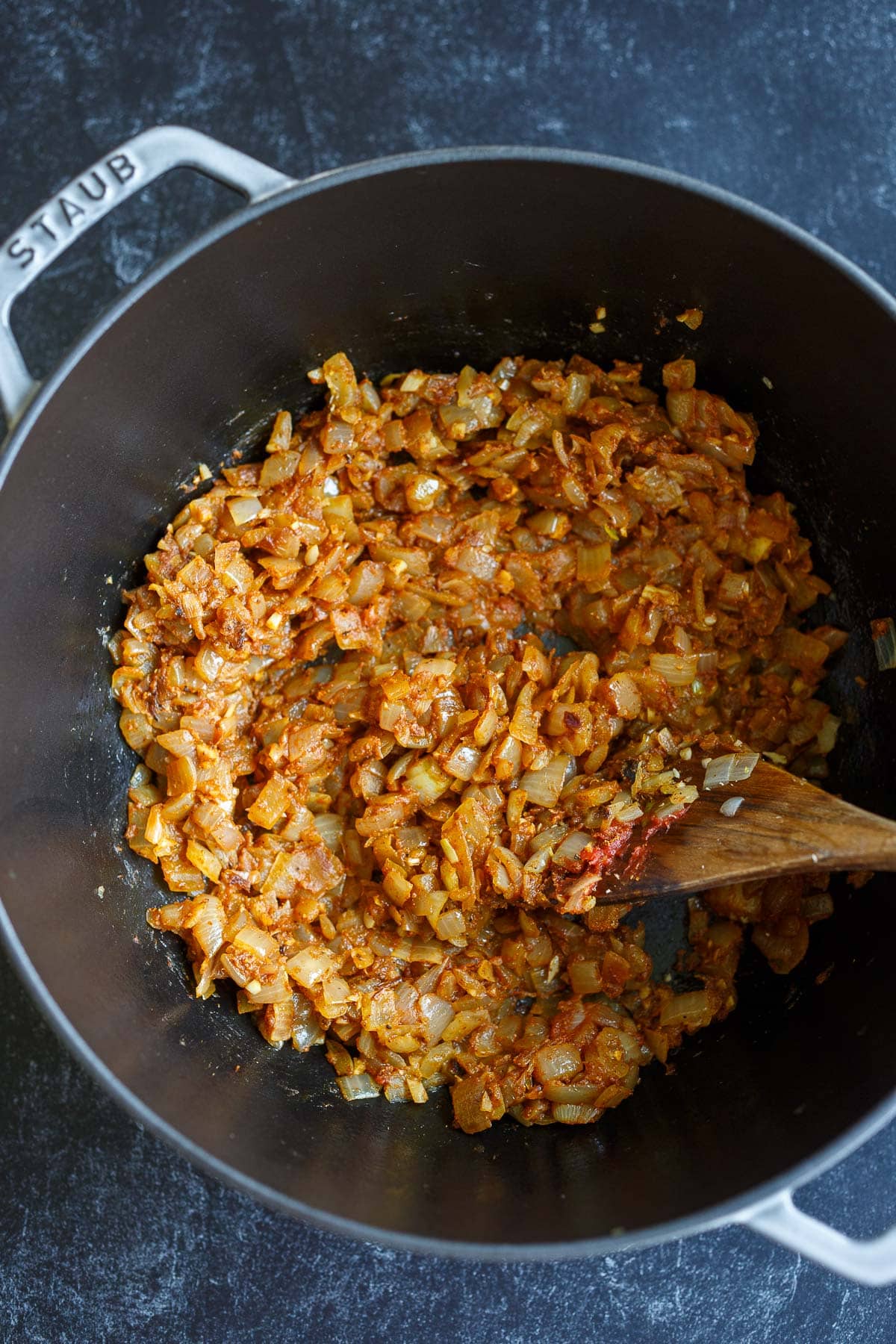 Dutch oven with onion base for lamb tagine.