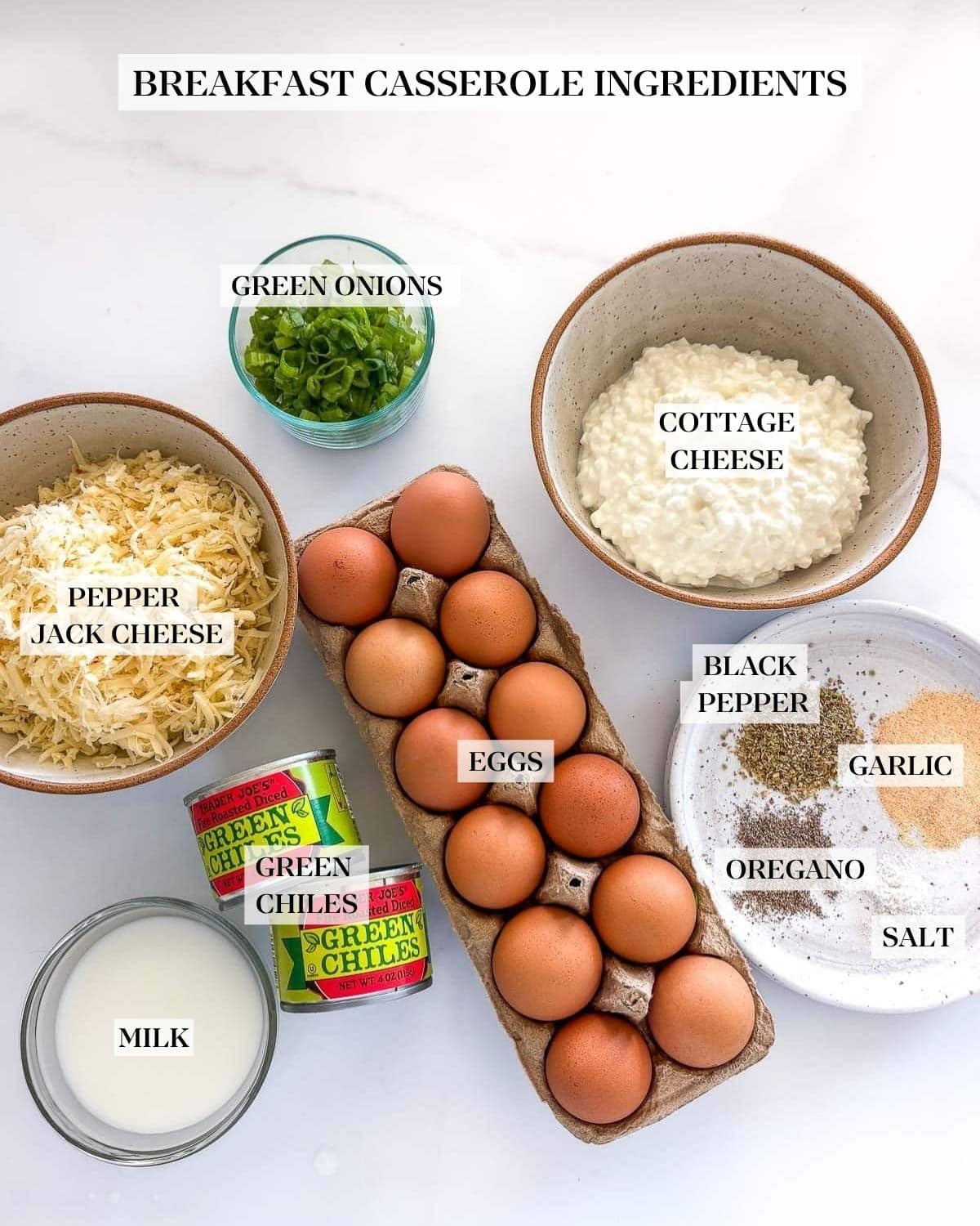 ingredients for easy breakfast casserole neatly arranged in bowls - green onions, cottage cheese, spices, eggs, two small cans of green chiles, bowl of milk, and grated cheese.