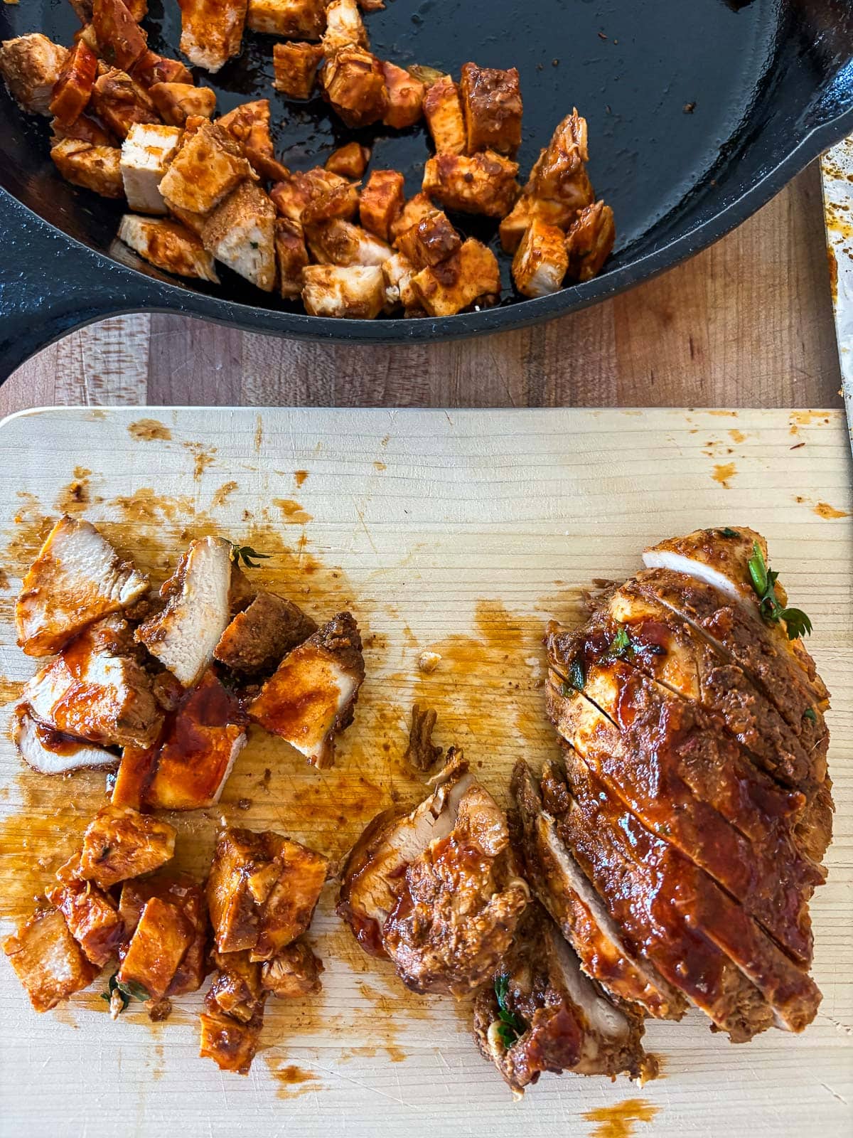 cutting the chipotle chicken.