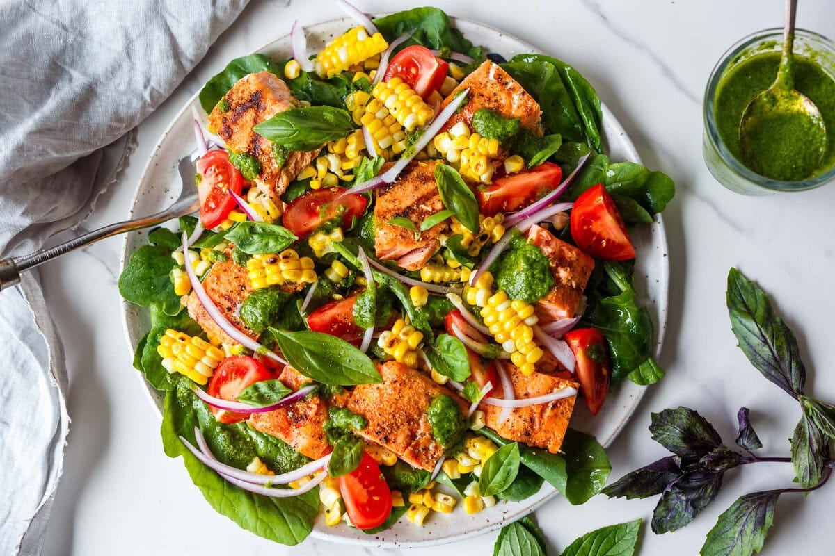 Grilled Salmon Salad with Corn, Tomatoes & Basil Vinaigrette