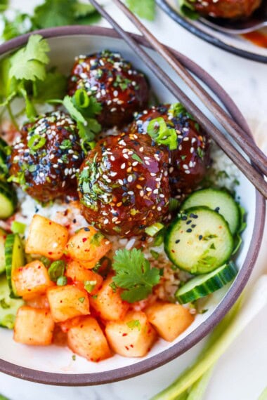 Sticky, sweet, savory, and just a little spicy, these Korean Meatballs are made with ground beef and gochujang for an easy dinner that's ready in under an hour.