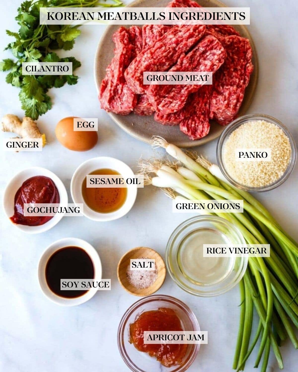 ingredients for Korean meatballs - plate of ground beef, fresh herbs, fresh ginger, egg, bowl of breadcrumbs, more small bowls of sauces, pinch bowl of salt, and bunch of green onions.