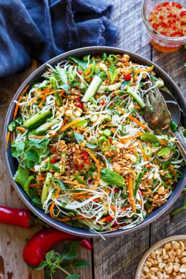 This Vietnamese Vermicelli Salad is made with rice noodles, crisp vegetables, fresh herbs, and a tangy Vietnamese dressing. A light, healthy meal perfect for lunch or dinner.