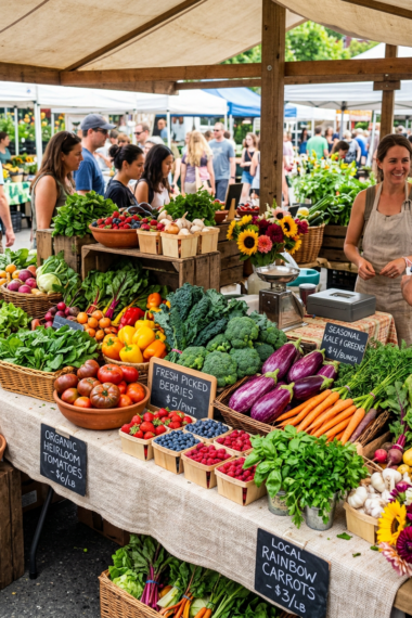 Farmer's market stall with fresh vegetables, berries, and flowers