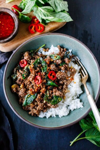This easy Basil Beef is a quick one-skillet dinner made with ground beef, fresh basil, garlic, and a savory sauce. Ready in just 20 minutes!