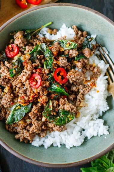 This easy Basil Beef is a quick one-skillet dinner made with ground beef, fresh basil, garlic, and a savory sauce. Ready in just 20 minutes!