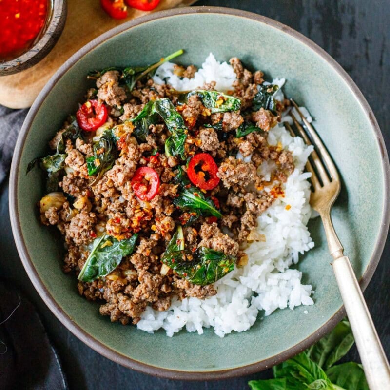 This easy Basil Beef is a quick one-skillet dinner made with ground beef, fresh basil, garlic, and a savory sauce. Ready in just 20 minutes!