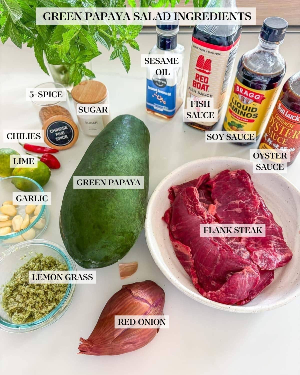 ingredients for green papaya salad laid out - fresh herbs in glass jar, four bottles of sauce ingredients, sugar and chinese five spice in jars, red chilies, two limes, small dish of garlic cloves and lemongrass paste, green papaya, raw beef, and shallot.