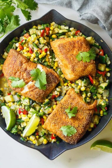 cornmeal crusted halibut with succotash