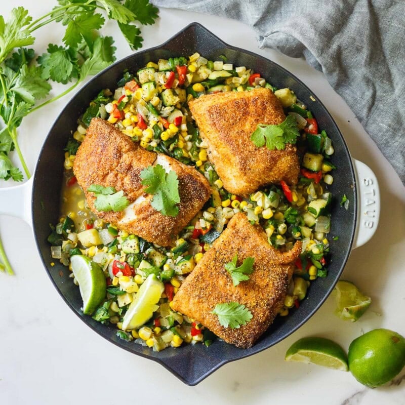cornmeal crusted halibut with succotash
