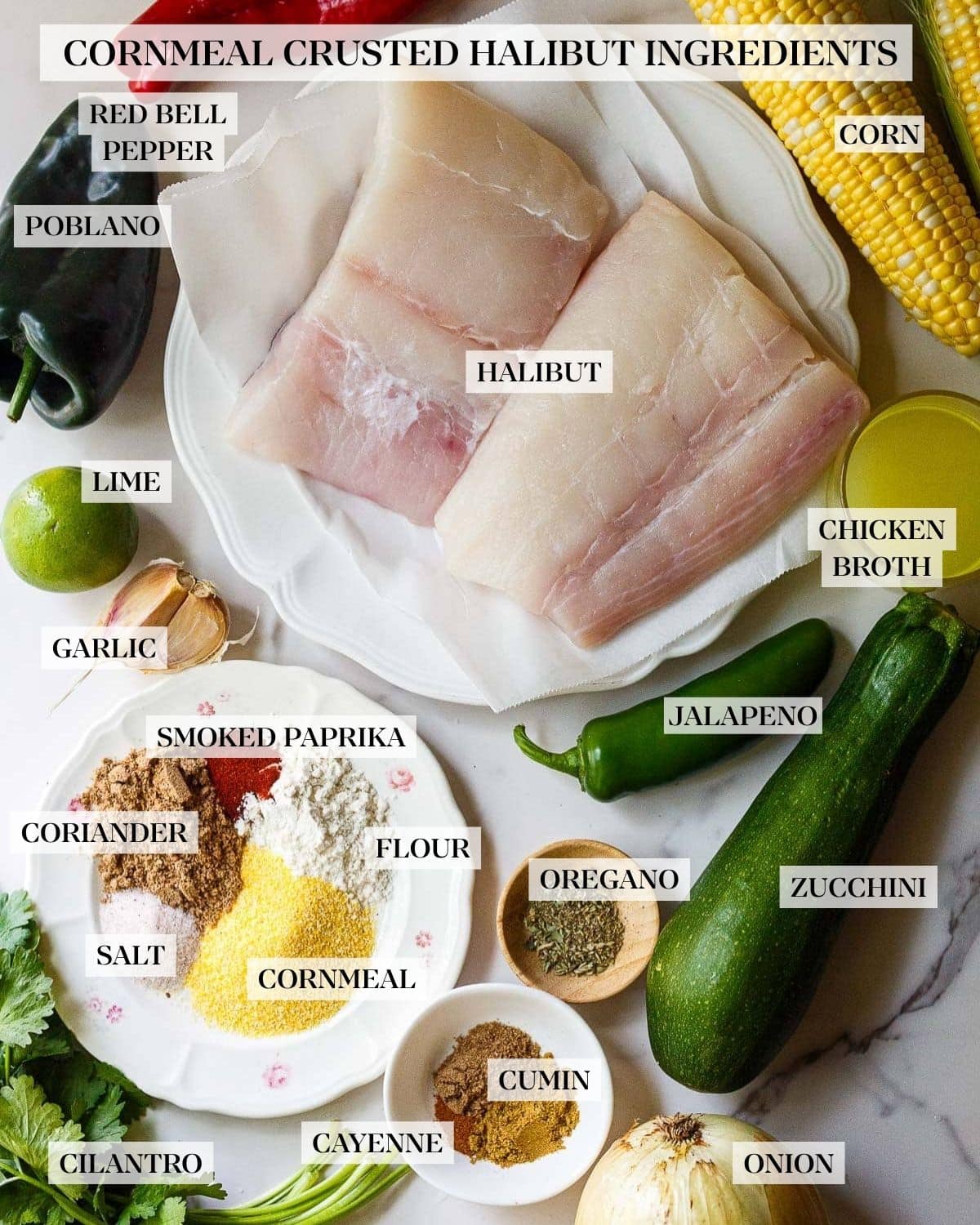 Cornmeal-Crusted Halibut ingredients neatly arranged and labeled - red bell pepper, poblano, halibut, corn, chicken broth, lime, garlic, jalapeno, zucchini, smoked paprika, coriander, flour, salt, cornmeal, oregano, cumin, cayenne, cilantro, and onion.