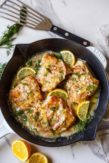 This Lemon Butter Cod is golden and flaky, finished in a bright, buttery lemon sauce with fresh dill. An elegant, easy cod recipe that's ready in just 30 minutes!