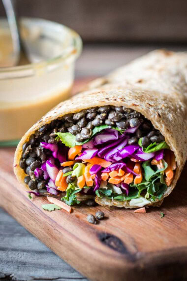 lentil wrap recipe with veggies and tahini sauce