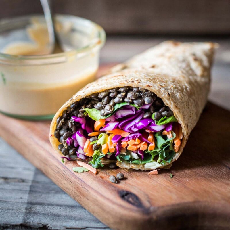lentil wrap recipe with veggies and tahini sauce