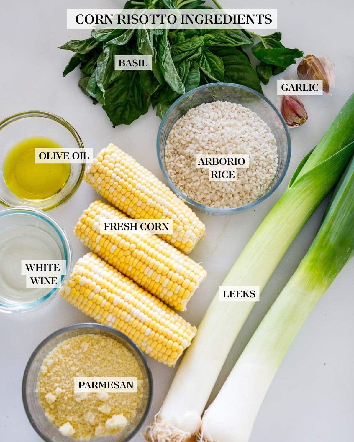 ingredients for corn risotto - fresh basil bunch, two garlic cloves, glass dish with Arborio rice, two leeks, glass dish with olive oil, glass dish with white wine, three ears of corn, glass dish of Parmesan.
