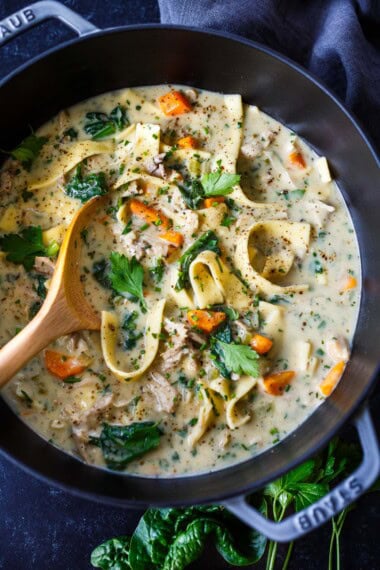 This Creamy Chicken Noodle Soup is cozy and comforting, with tender chicken, egg noodles, vegetables, and fresh spinach in a silky broth that's rich without being heavy. An easy, family-friendly dinner and a delicious way to use leftover chicken!