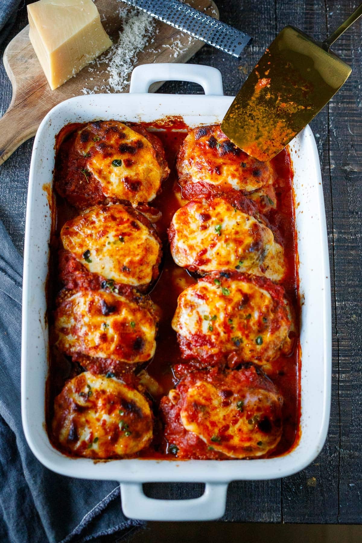 A baked eggplant parmesan, right out of the oven.