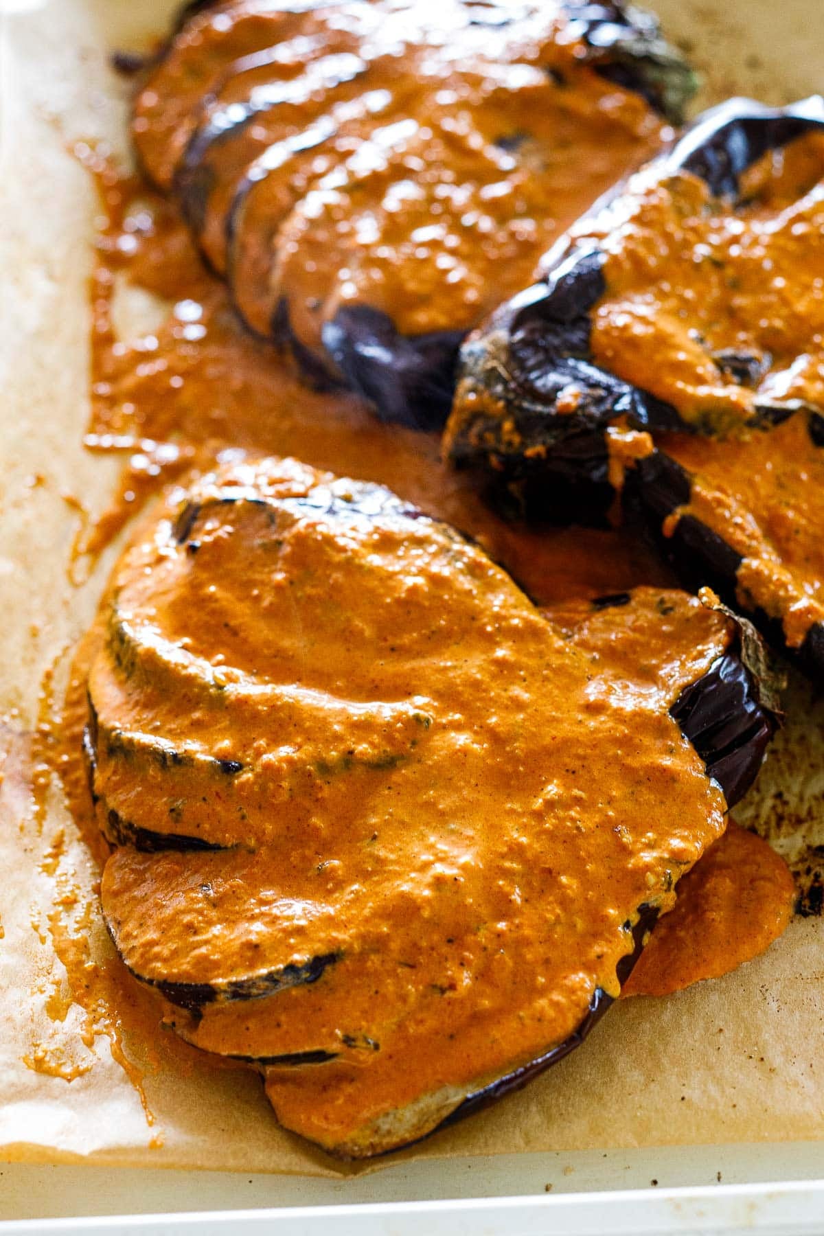 eggplant slices slathered with creamy tikka masala sauce.