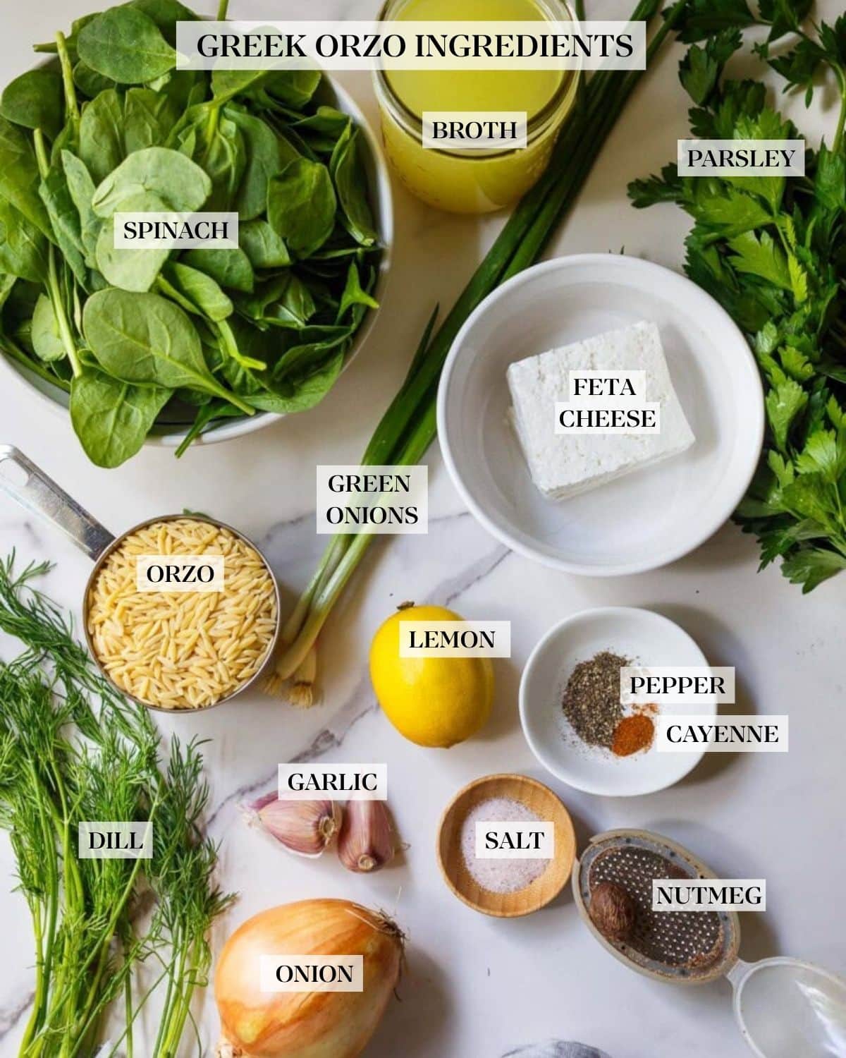 ingredients neatly arranged for one-pan Greek Orzo - broth, bowl of baby spinach, parsley bunch, block of feta, green onions, scoop of orzo, lemon, garlic cloves, pinch bowls with pepper, cayenne, and salt, fresh nutmeg, onion, and dill bunch.