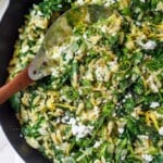 This easy Spanakopita Orzo is a creamy one-pan dinner with tender orzo pasta, spinach, feta, fresh dill, and lemon. All the flavors of spanakopita, ready in about 30 minutes!
