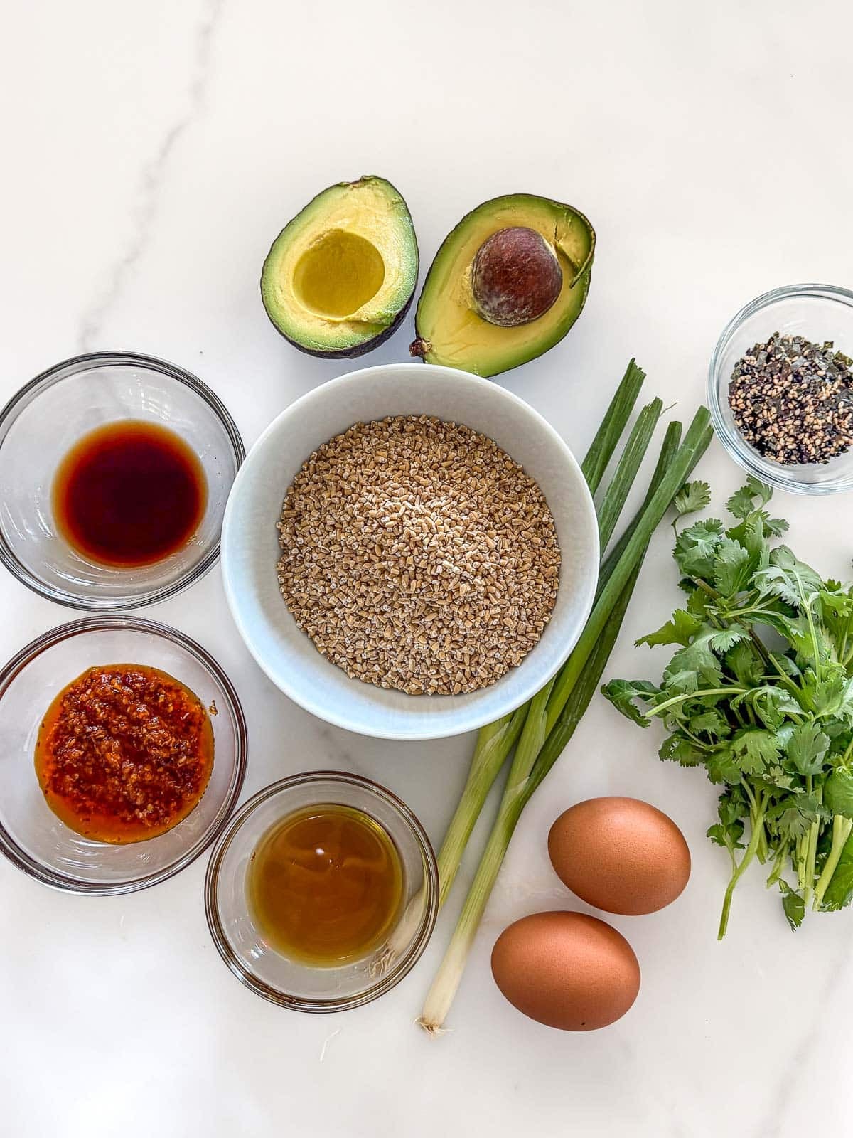 savory oatmeal ingredients neatly arranged - halved avocado, bowls of furikake, steel cut oats, soy sauce, chili crisp, and oil, green onions, cilantro bunch, and two eggs.