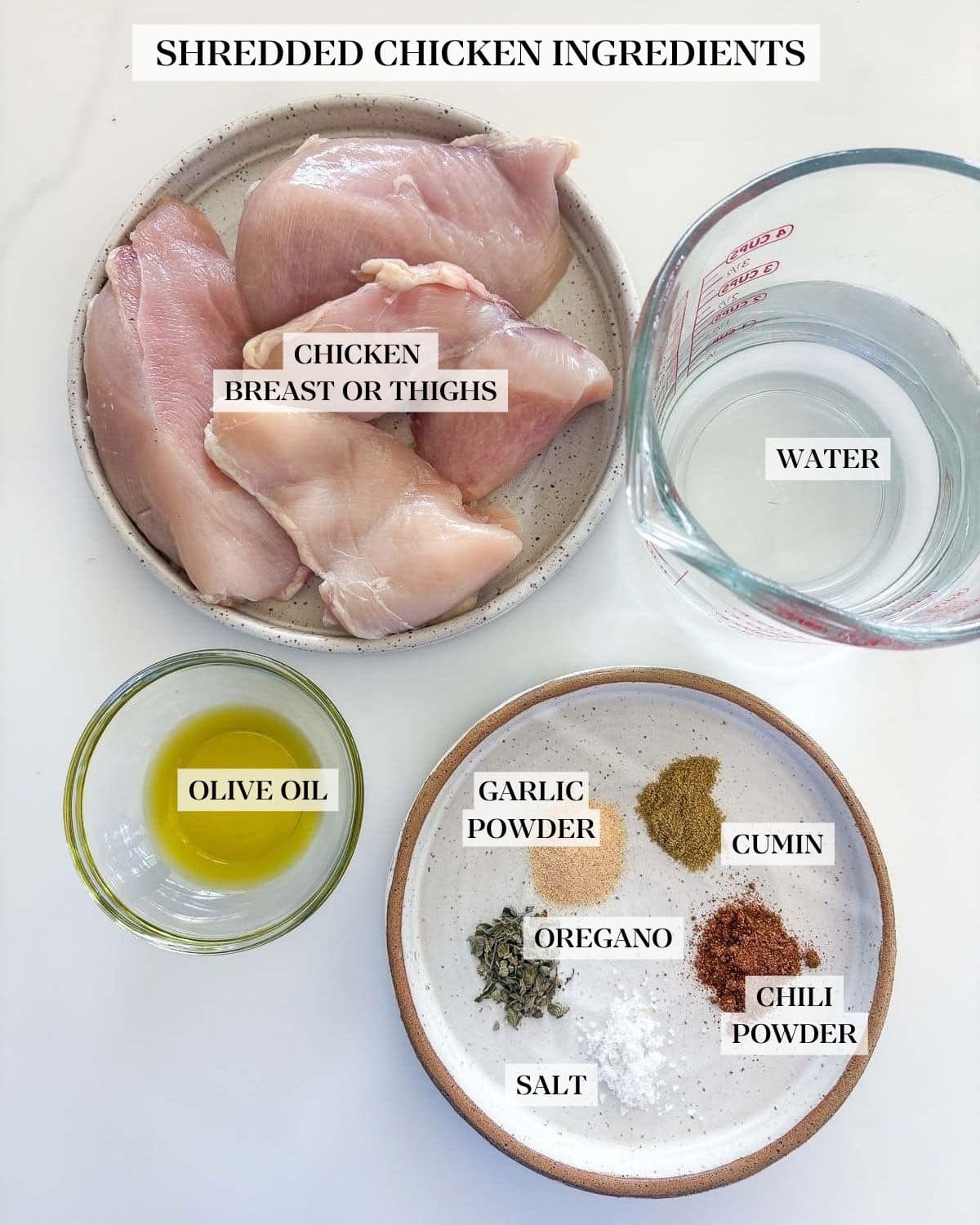 plate of chicken breasts, measuring cup with water, small glass bowl of olive oil, small plate with various spices.