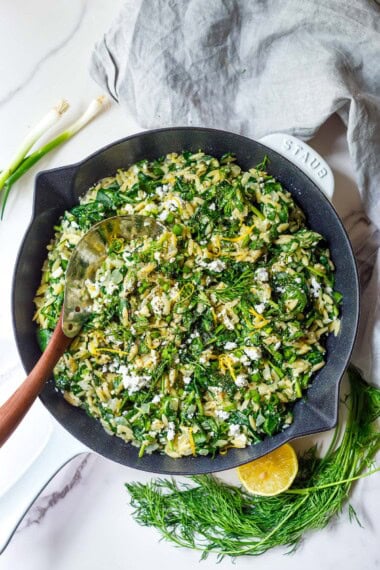 This easy Spanakopita Orzo is a creamy one-pan dinner with tender orzo pasta, spinach, feta, fresh dill, and lemon. All the flavors of spanakopita, ready in about 30 minutes!